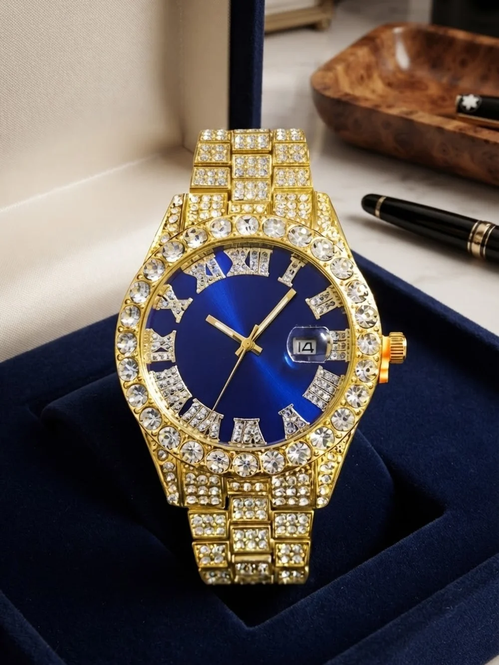 Gold and Blue Crystal Men's Watch - Luxury Dress Timepiece